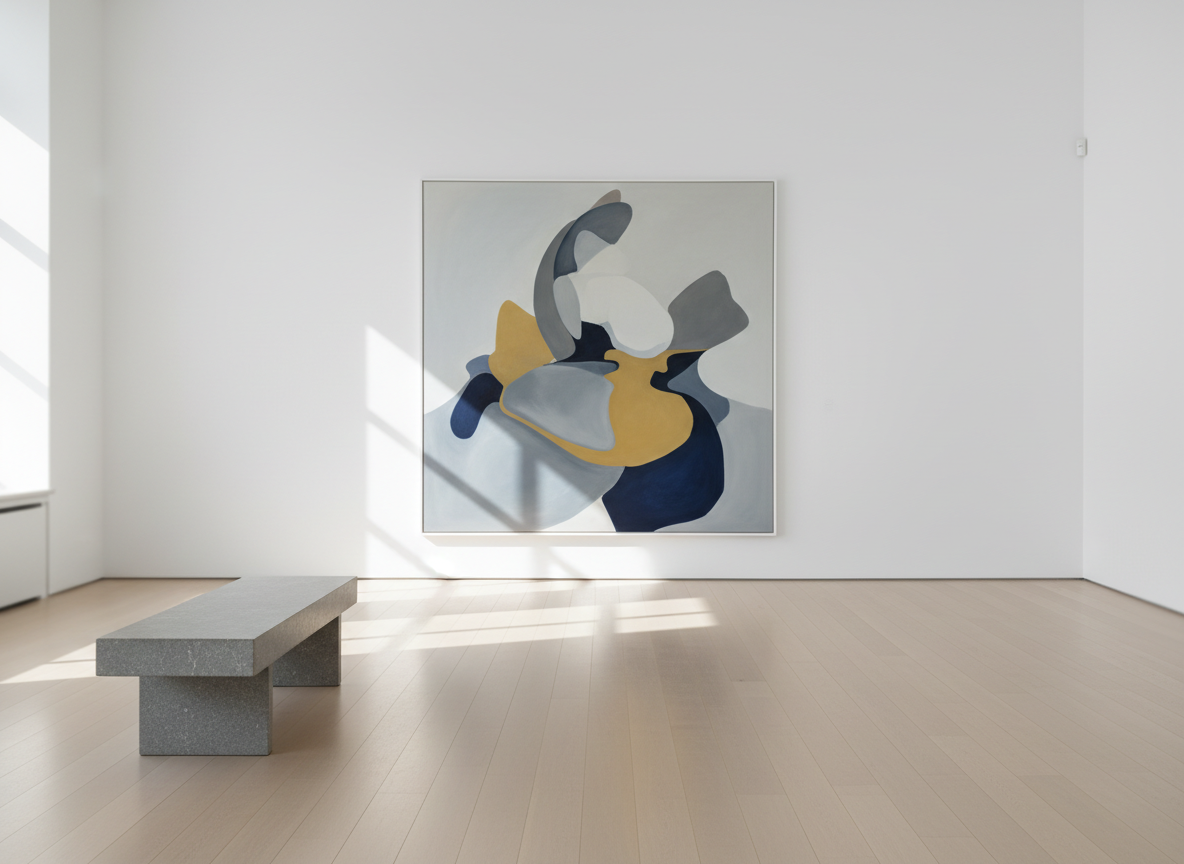 A serene, minimalist gallery interior in Malmö, featuring a single large abstract painting of soft dove greys, deep indigo and muted saffron on a pristine white wall. The floor is pale oak, perfectly polished, reflecting subtle glints of light. A low, sculptural stone bench sits a few meters away, its surface matte and cool. Soft, diffused daylight pours in from tall, unseen windows, creating gentle, elongated shadows and a calm, contemplative atmosphere. Photographic realism at eye level, with a centered composition and shallow depth of field that keeps the artwork in razor-sharp focus while the edges of the room fall into a delicate blur, conveying sophisticated Scandinavian elegance.
