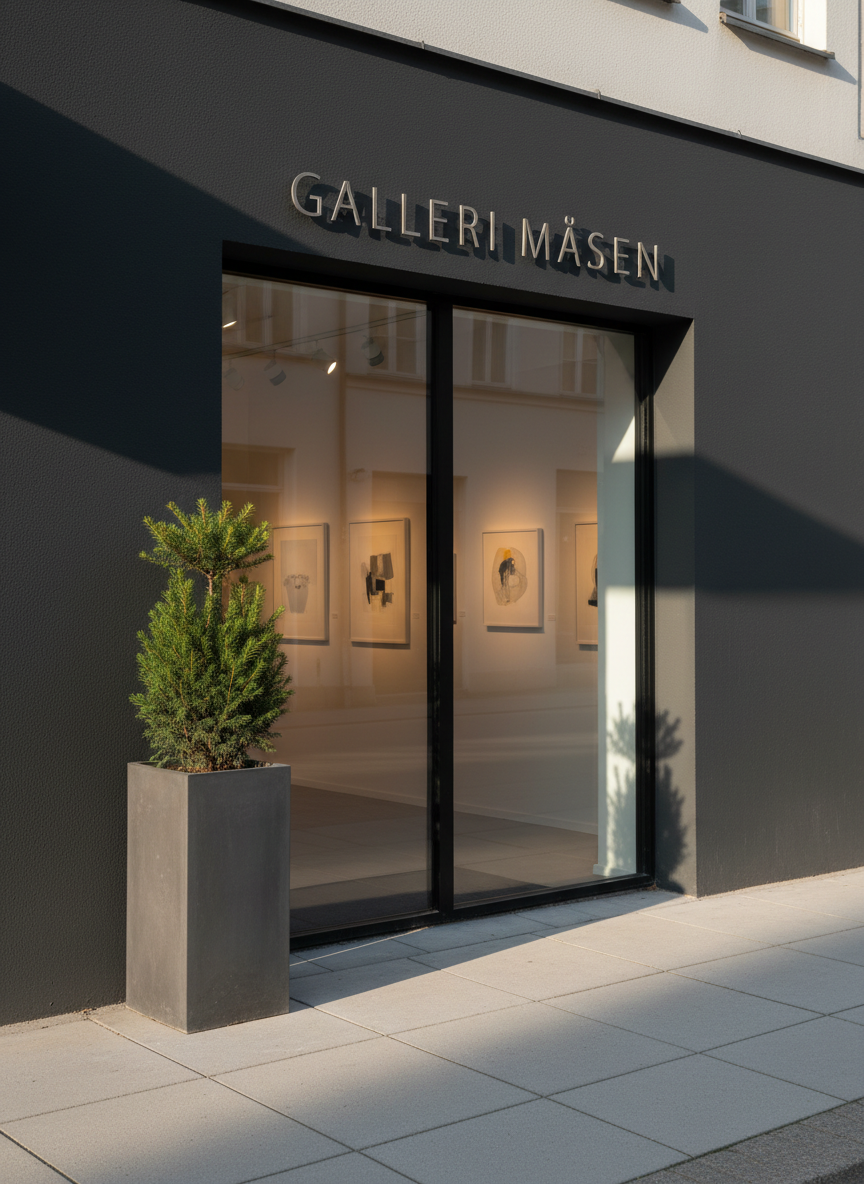 The refined entrance of Galleri Måsen in Malmö, showing a dark charcoal-painted facade with the name “Galleri Måsen” in understated, metallic lettering above a large glass door. Inside, glimpses of white walls and carefully lit artworks are visible. A single, slim planter with a sculptural evergreen stands beside the door on a smooth concrete pavement. Late afternoon natural light casts elongated, crisp shadows across the facade, while warm gallery lighting glows invitingly from within. Captured in photographic realism from a slightly angled street-level perspective, using the rule of thirds, with sharp focus throughout to emphasize the clean, modern yet timeless character of the sophisticated art space.
